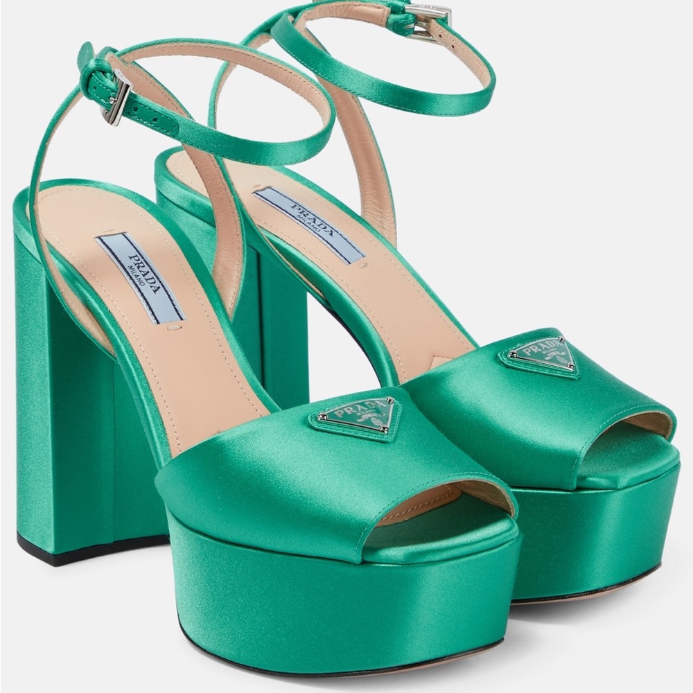 Prada Green Satin Block Heel Sandals - Picture 3 of 11